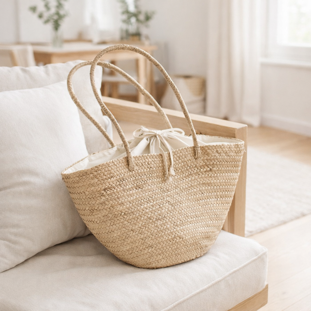 Sac à bandoulière tissé à la main Tote Beach Bag TAMU en jonc de mer en situation