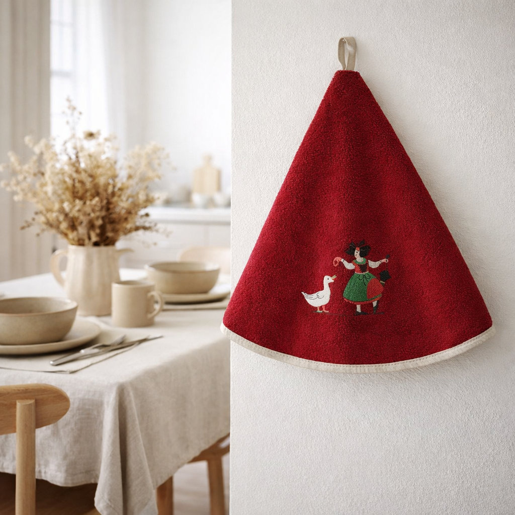 Essuie-mains rond brodé Alsacienne Oie Rouge diamètre 60 cm en situation