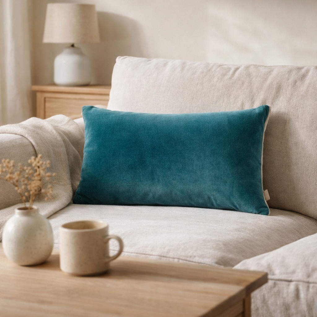 Coussin uni Elise Riviera 30 x 50 en situation