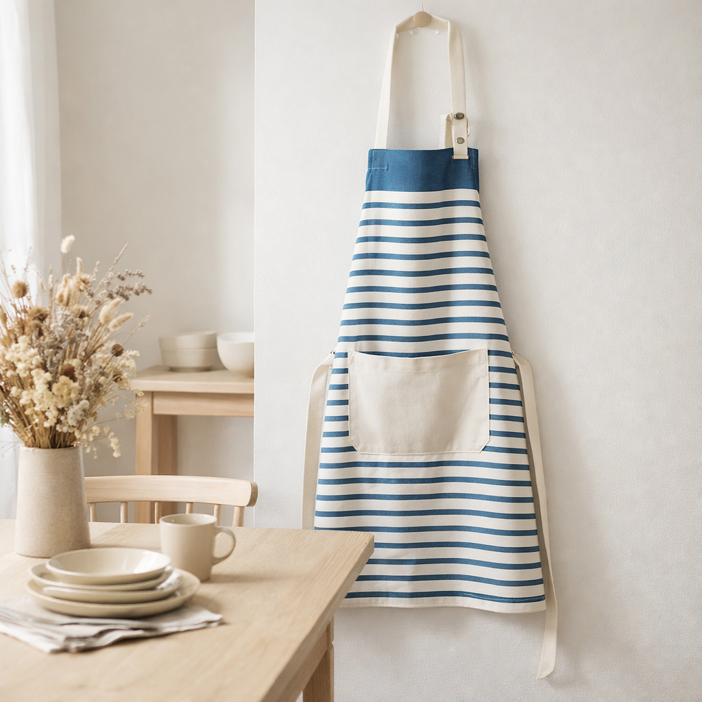 Tablier de cuisine Nalou Ivoire/bleu 72 x 75 en situation
