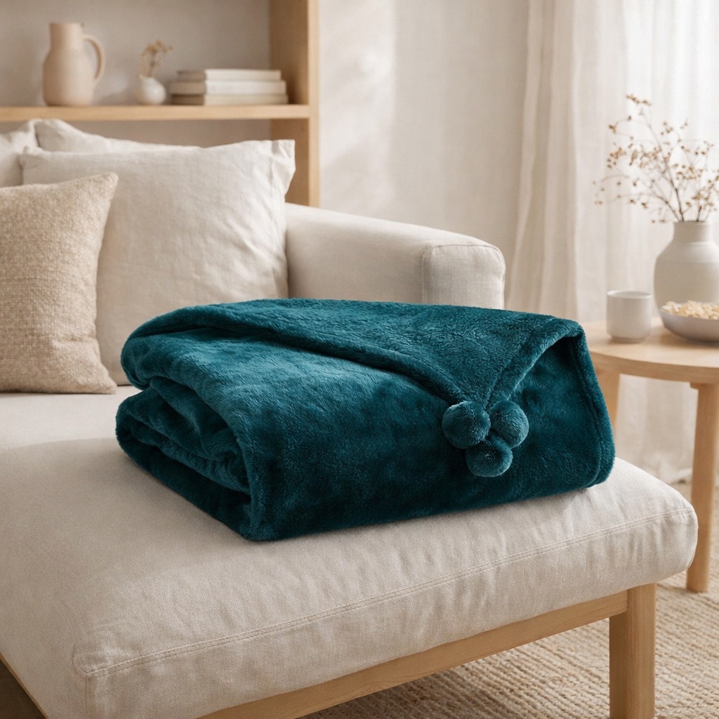 Plaid Tender pompons Paon 130 x 170 en situation