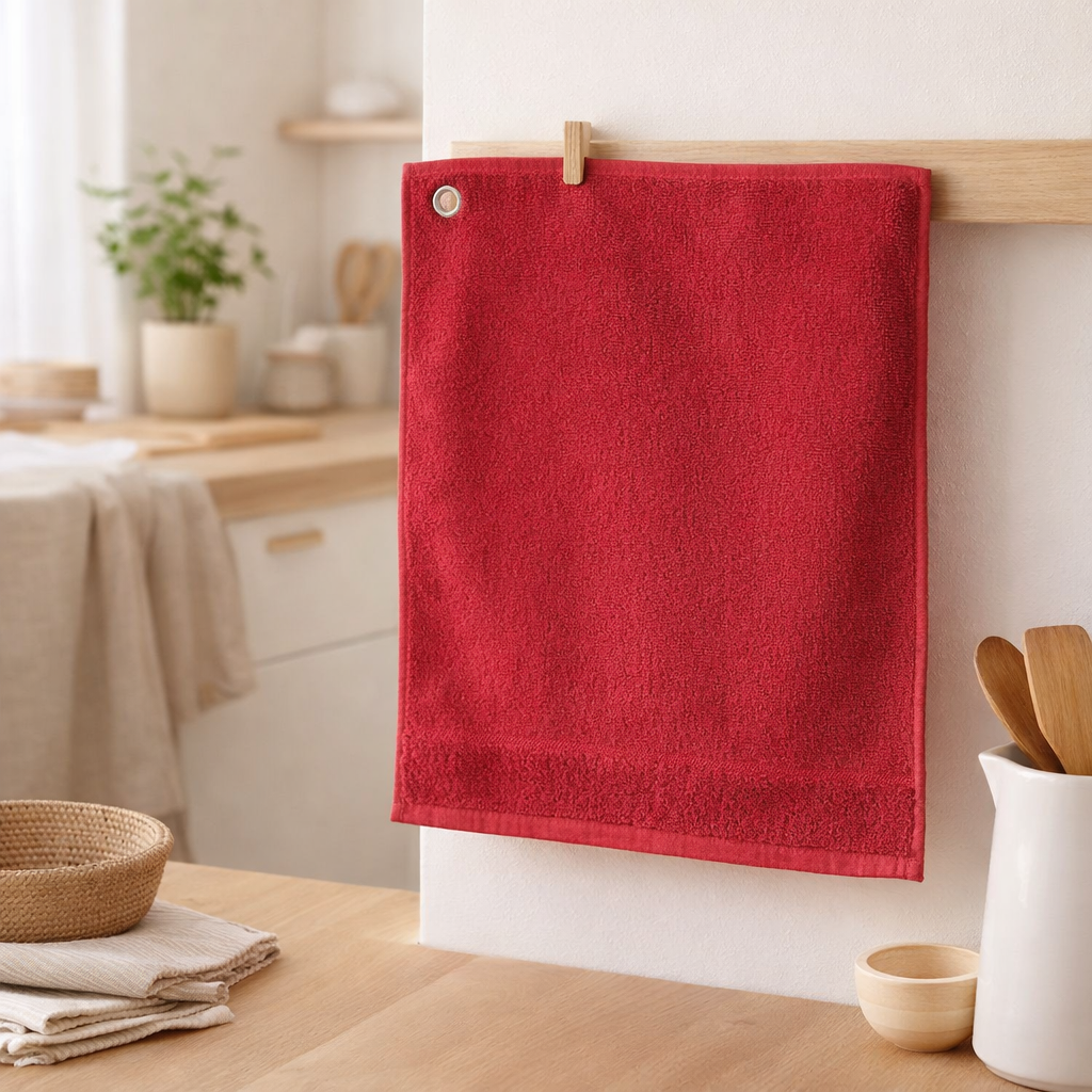 Essuie-mains oeillet Curl Geranium 50 x 50 en situation