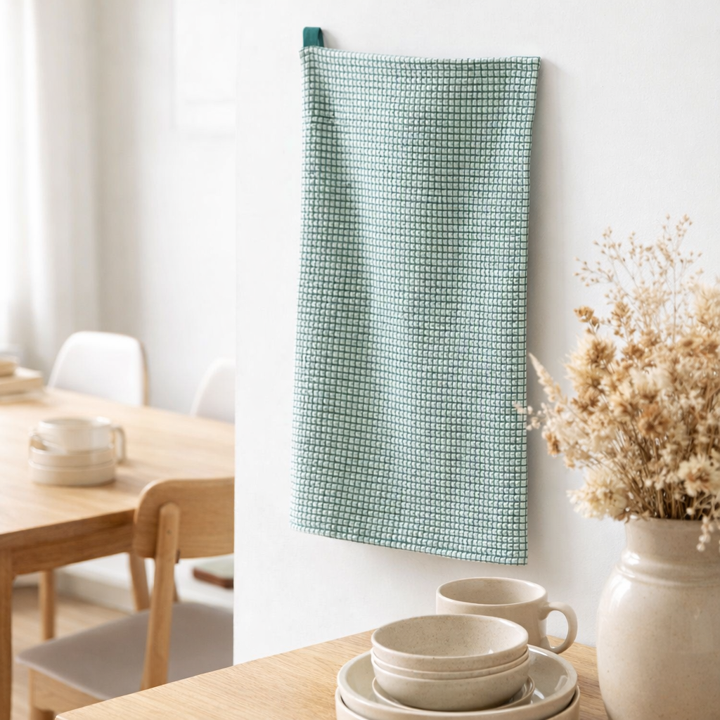 Torchon nid d'abeilles Mumba Paon 50 x 70 en situation