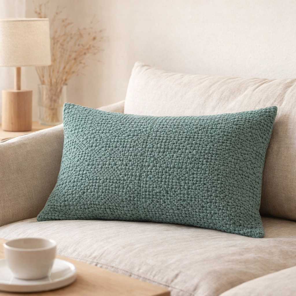 Coussin stonewashed Tana Vert de gris 40 x 65 en situation