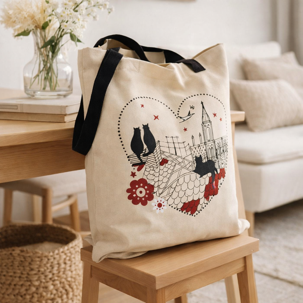 Sac Chats Coeur Beige 40 x 35 en situation