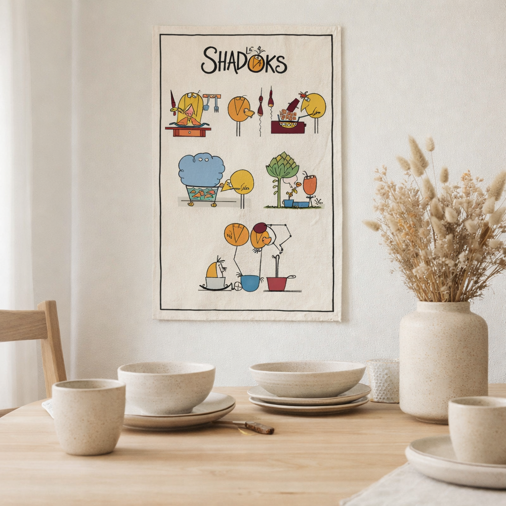 Torchon Shadoks en cuisine Ecru 48 x 72 en situation