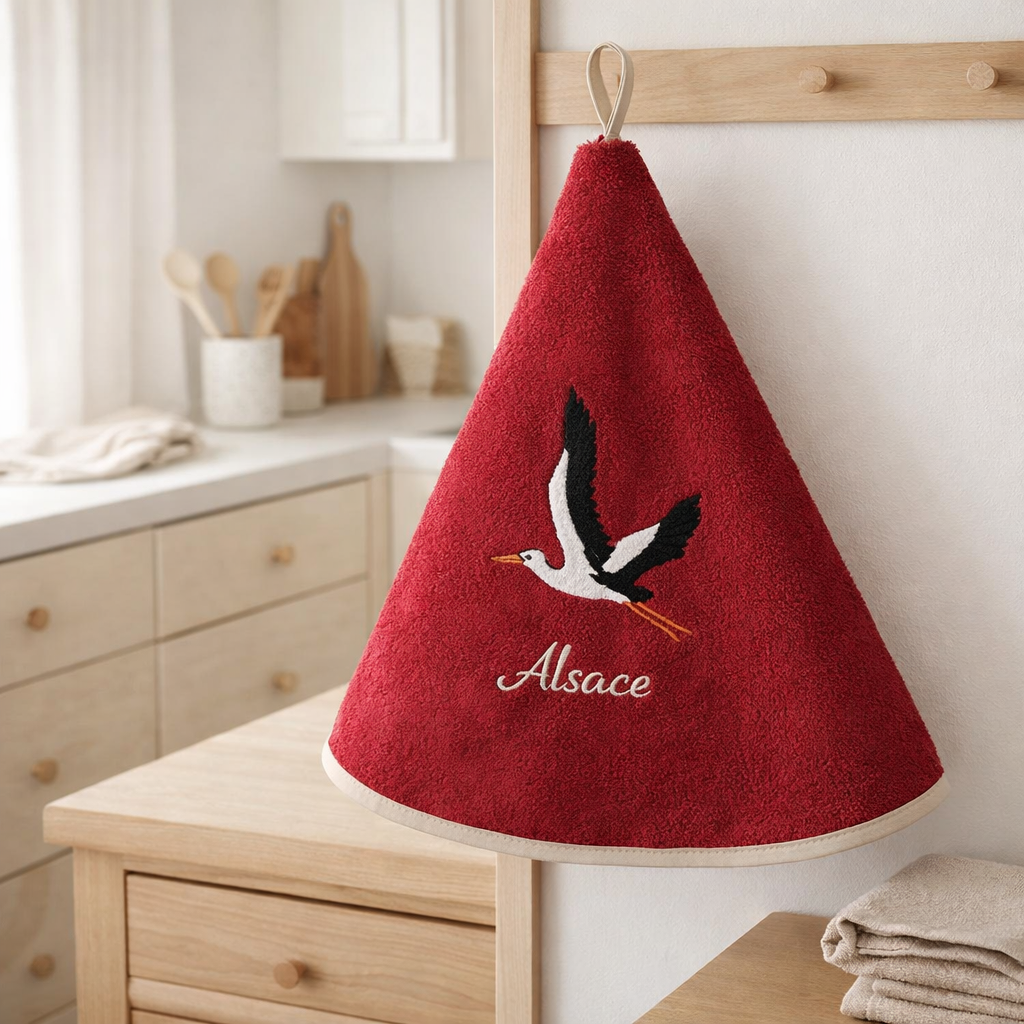 Essuie-mains rond Brodé Cigogne Envol Rouge Diamétre 60 cm en situation