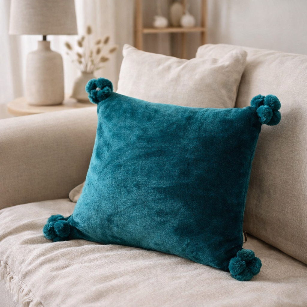 Coussin Tender pompons Paon 45 x 45 en situation