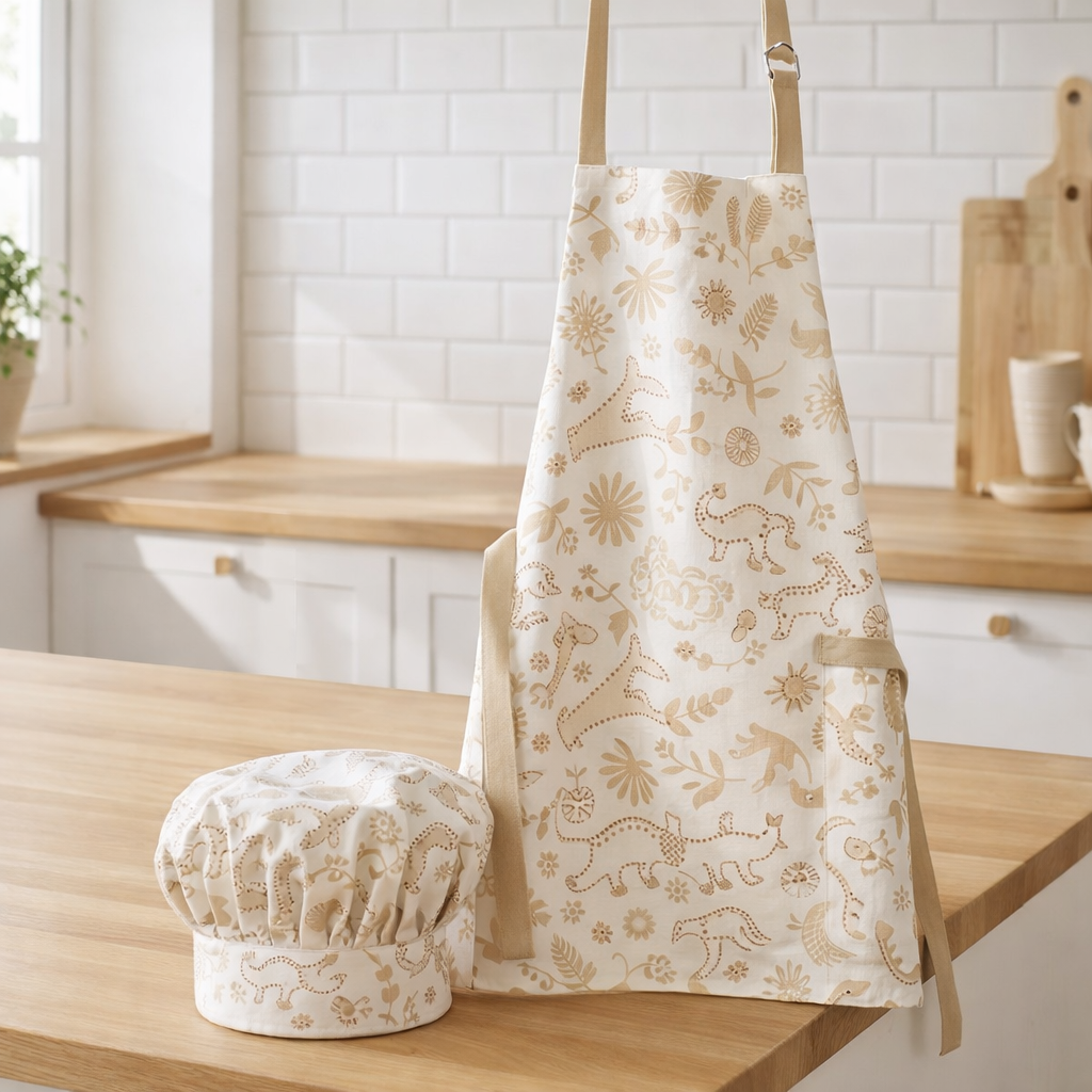 Tablier de cuisine et toque en coton bio Pandi Naturel 52 x 63 en situation