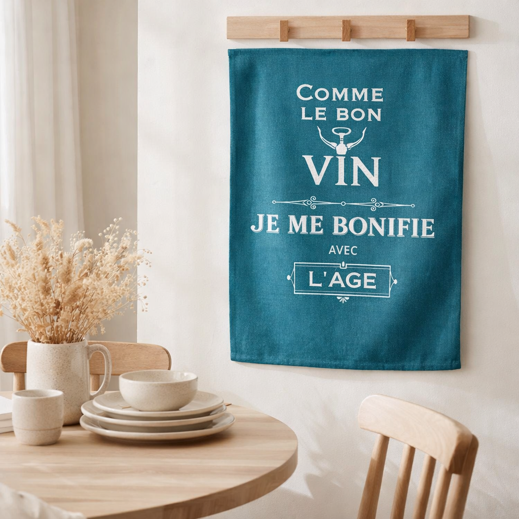 Torchon Message Comme le bon vin Paon 70 x 50 en situation