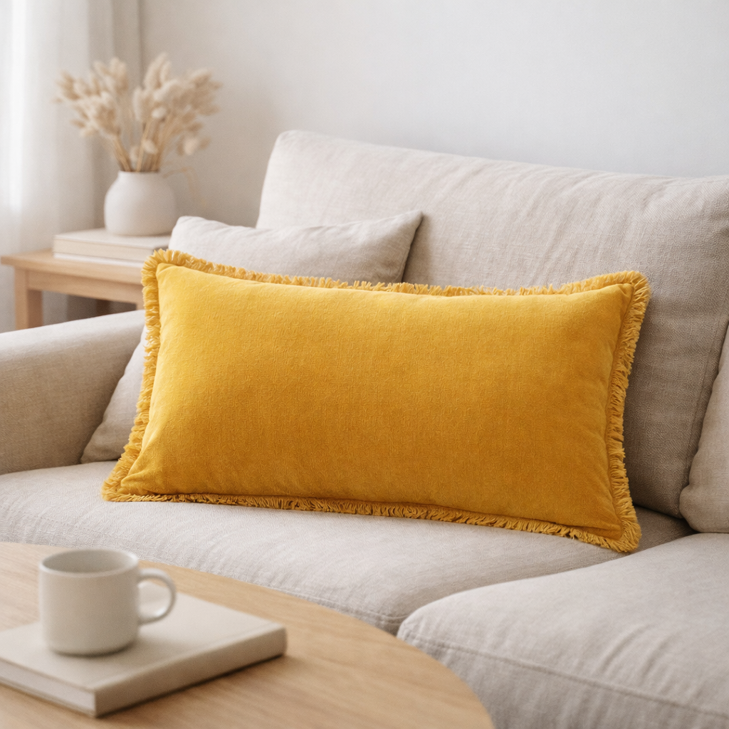 Coussin uni Fara Curry 40 x 65 en situation