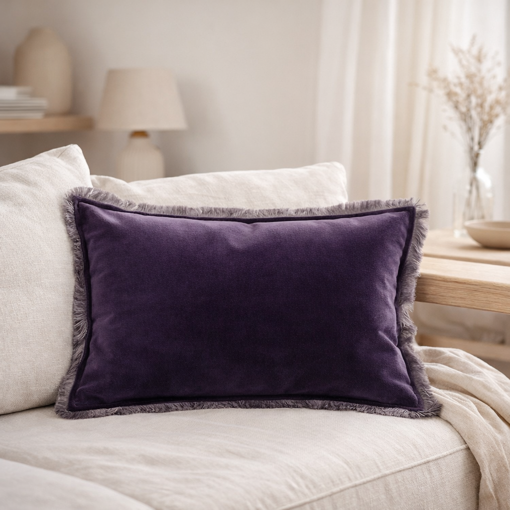 Coussin uni Fara Raisin 30 x 50 en situation