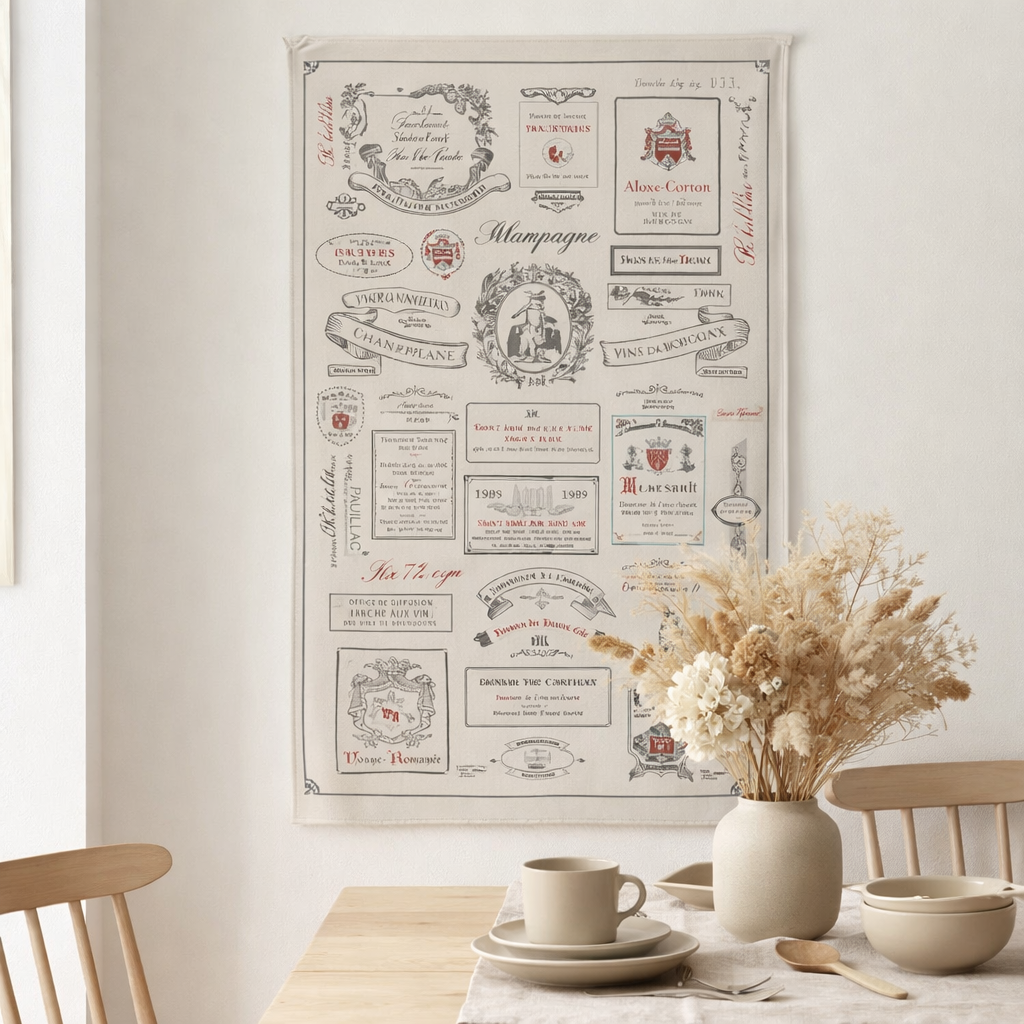 Torchon Étiquettes de vins Ecru 48 X 72 en situation