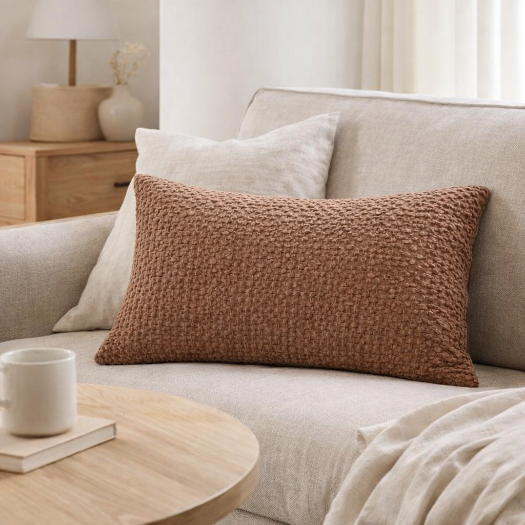 Coussin stonewashed Tana Aubepine 40 x 65 en situation
