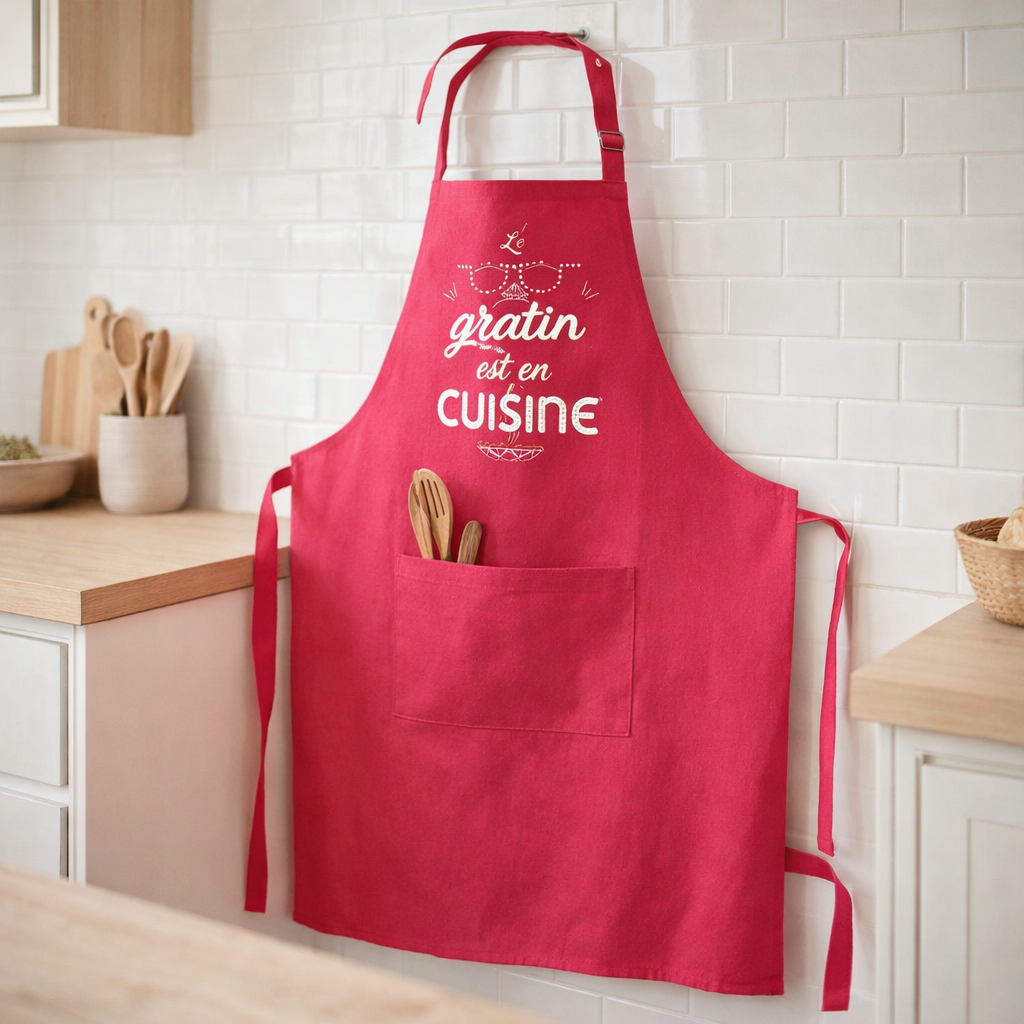 Tablier de cuisine Peps recylé Le gratin avec poche Rose 90 x 72 en situation