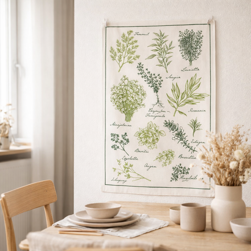 Torchon Imprimé Les herbes de provence Écru 48 x 72 en situation