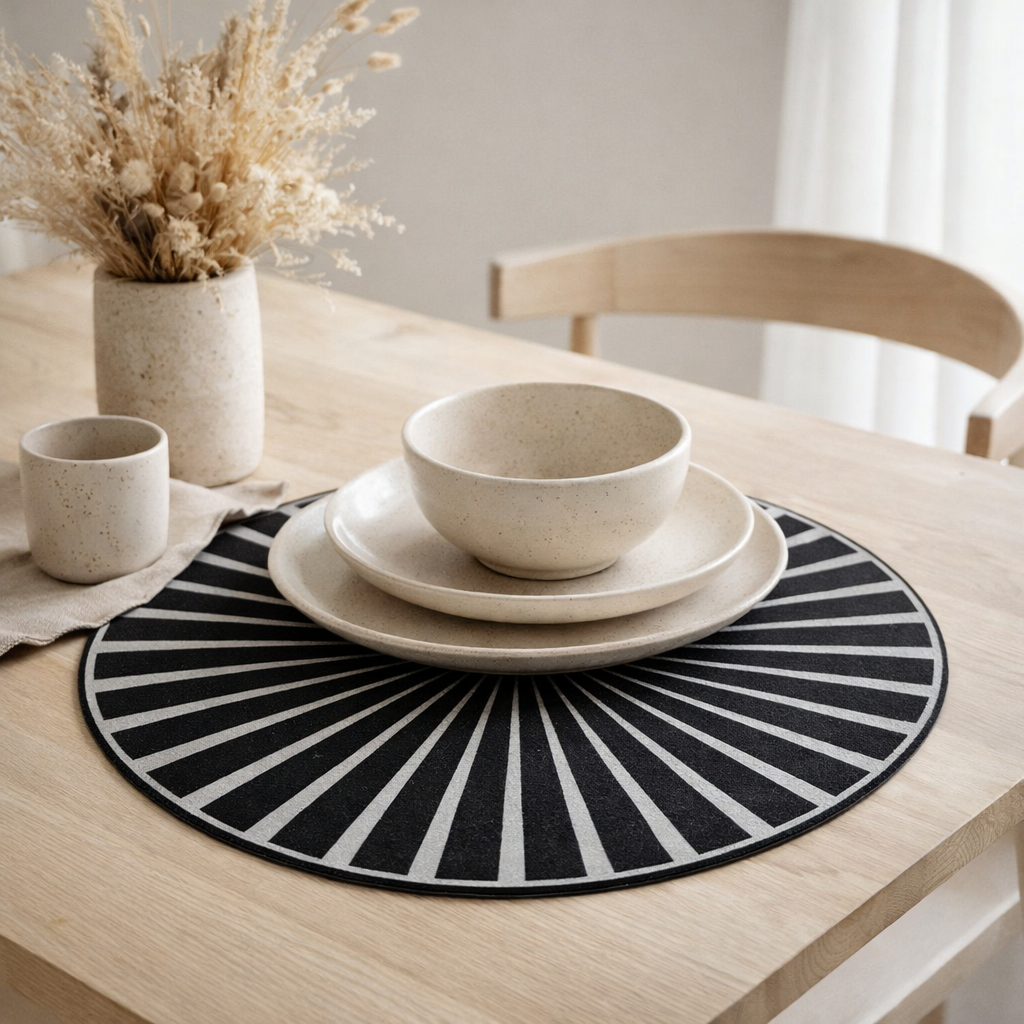 Set de table feutre Raini Noir/argent diamétre 40 cm en situation