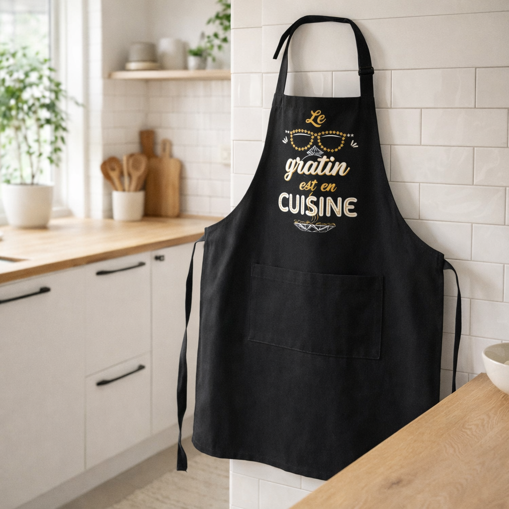 Tablier de cuisine Peps recylé Le gratin avec poche Noir 90 x 72 en situation