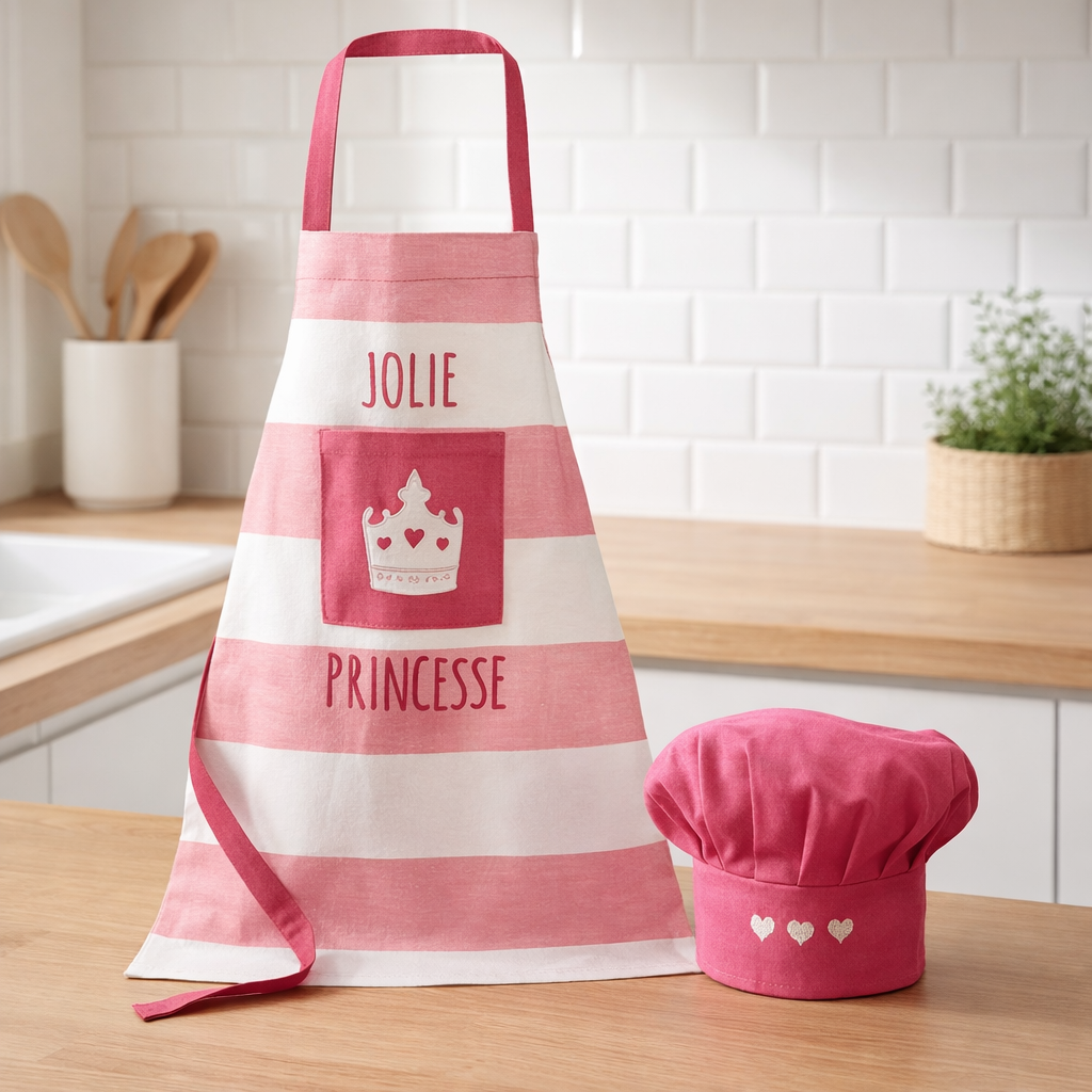 Tablier de cuisine enfant et Toque enfant Sissi Rose 52 x 63 en situation
