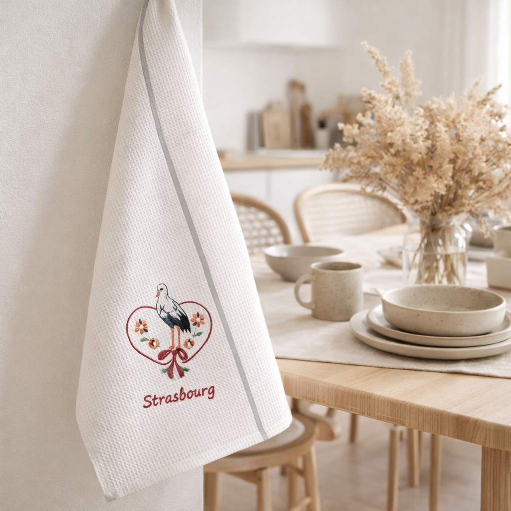 Torchon nid d'abeilles Cigogne Fleurs Strasbourg Gris 50 x 70 en situation