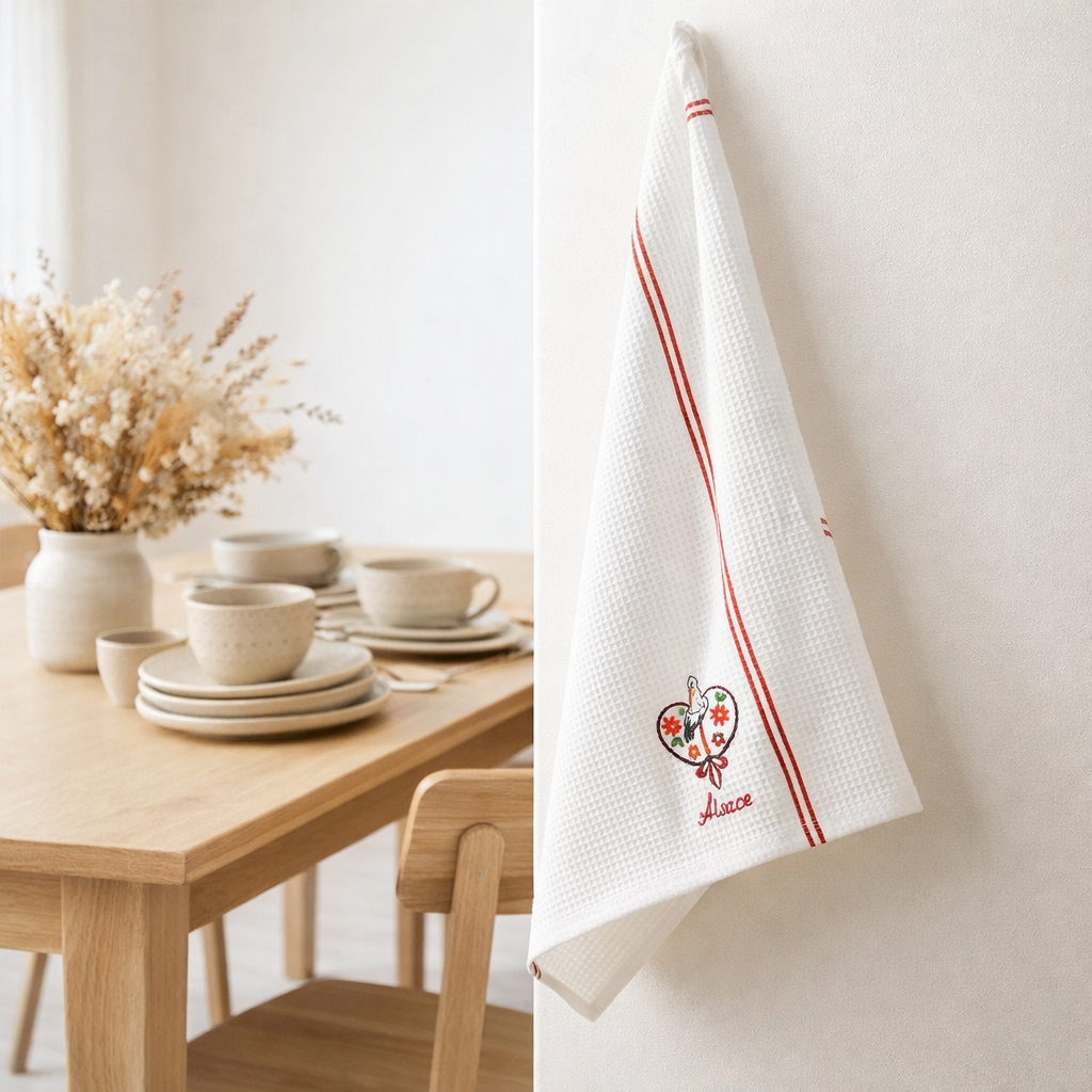 Torchon Nid d'abeilles Cigogne Fleurs Alsace Blanc 50 x 70 en situation