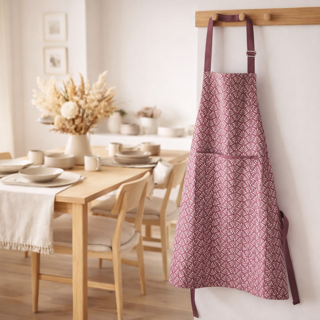 Tablier de cuisine enduit Pompei Orchidée 72 x 85 en situation