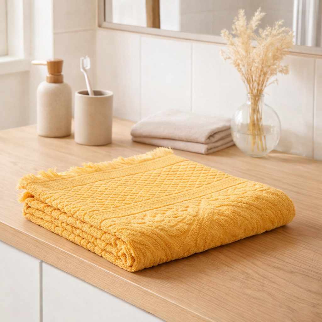 Serviette de toilette uni Zoé Mimosa 50 x 100 en situation
