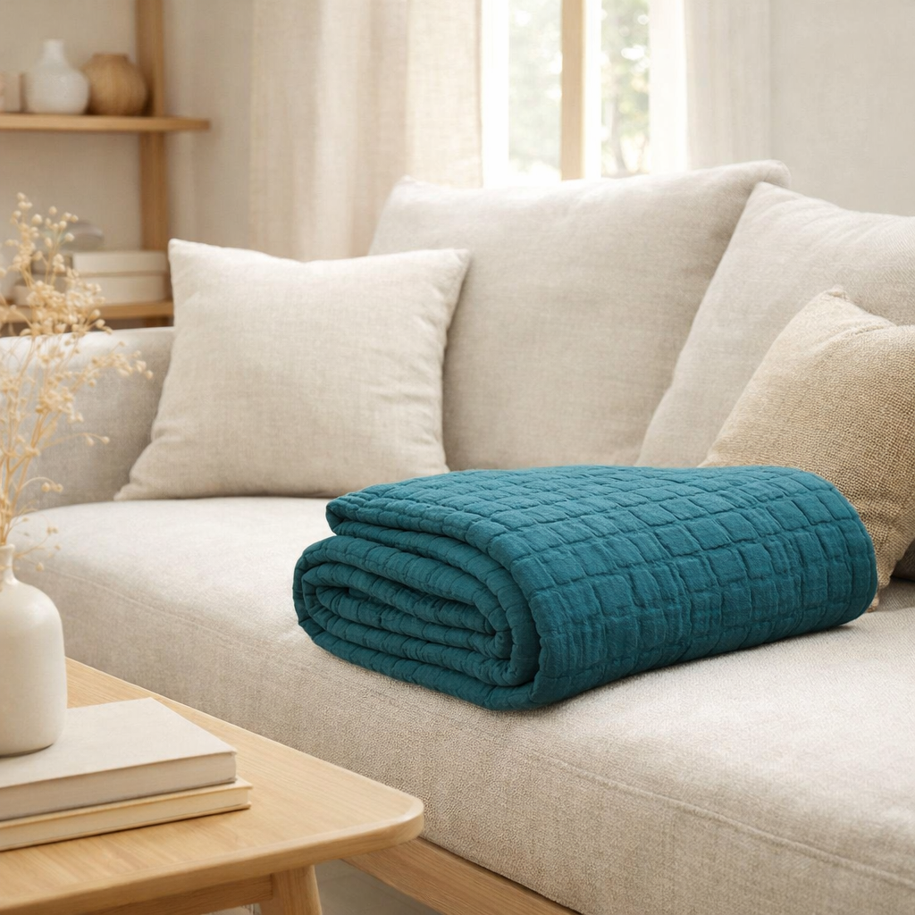 Plaid stonewash Swami Petrole 130 x 200 en situation