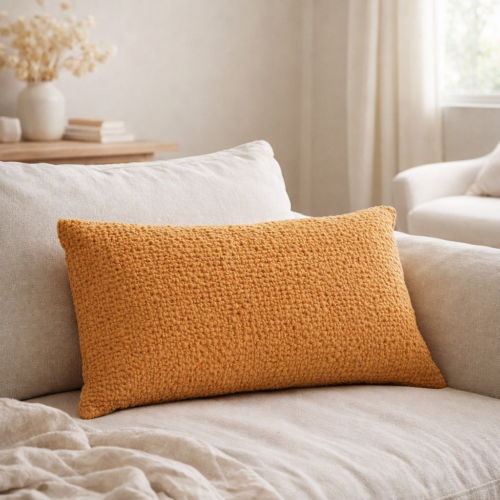 Coussin stonewashed Tana Moutarde 40 x 65 en situation