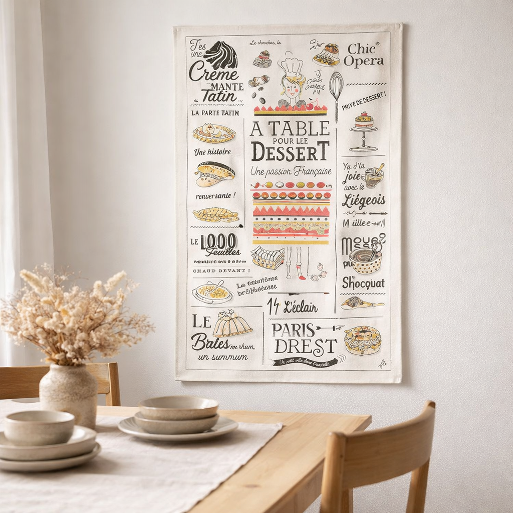 Torchon Les desserts français Ecru 48 x 72 en situation