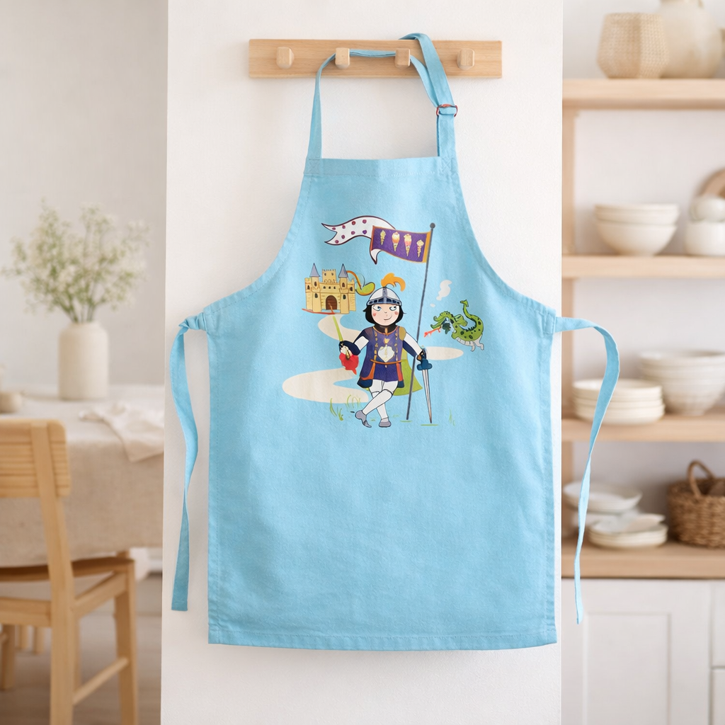 Tablier Enfant Chevalier Et Dragon Turquoise en situation
