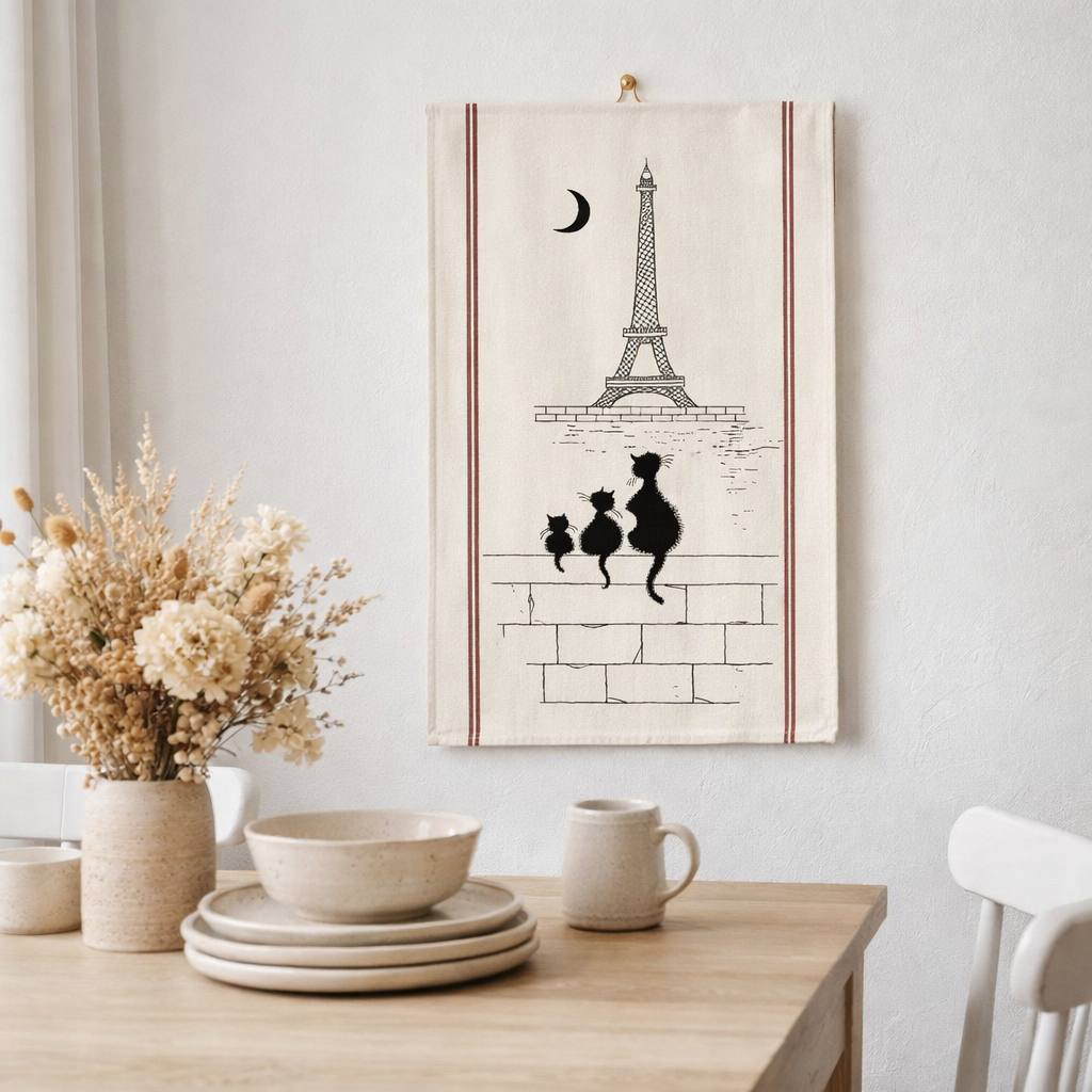 Grand Torchon Dubout Chats Tour Eiffel Ecru en situation
