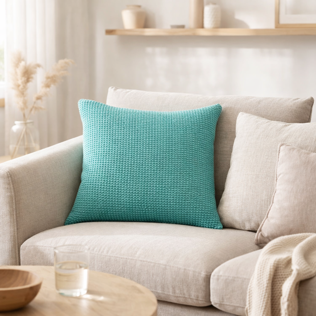 Coussin stonewashed Maia Lagon 45 x 45 en situation