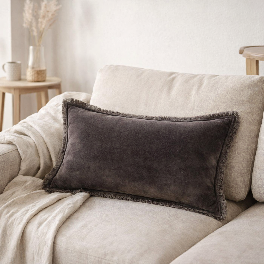 Coussin uni Fara Ombre 30 x 50 en situation