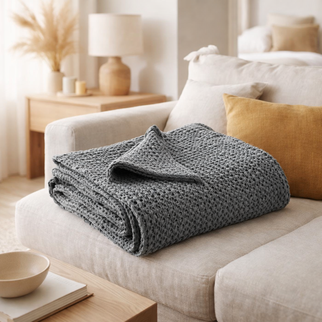 Plaid stonewashed Tana Cendre 140 x 200 en situation