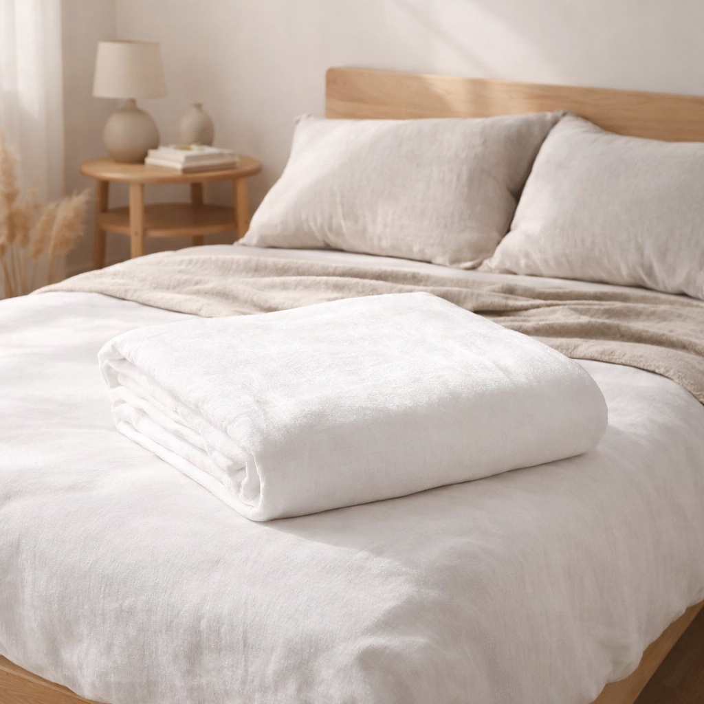 Drap housse stonewashed Zeff Blanc 140x190 bonnet 30cm en situation