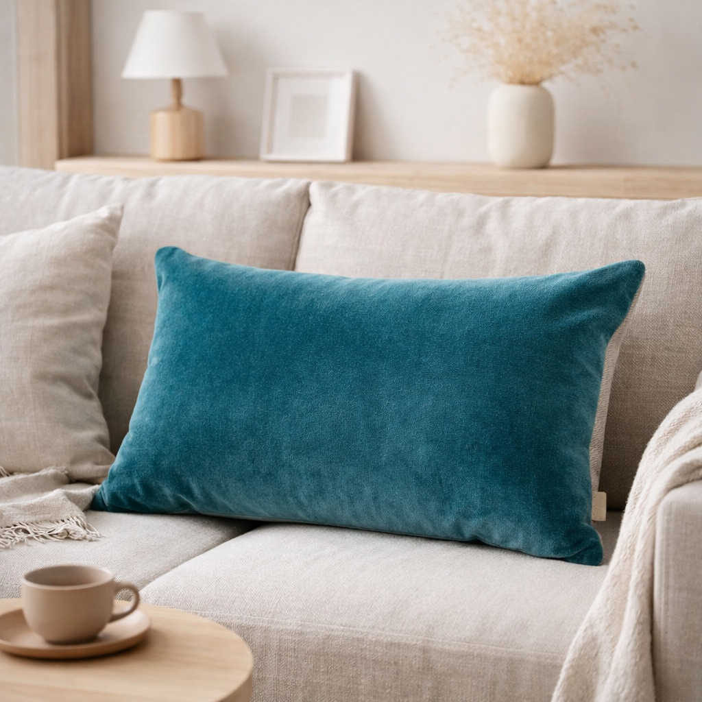Coussin uni Elise Riviera 40 x 65 en situation