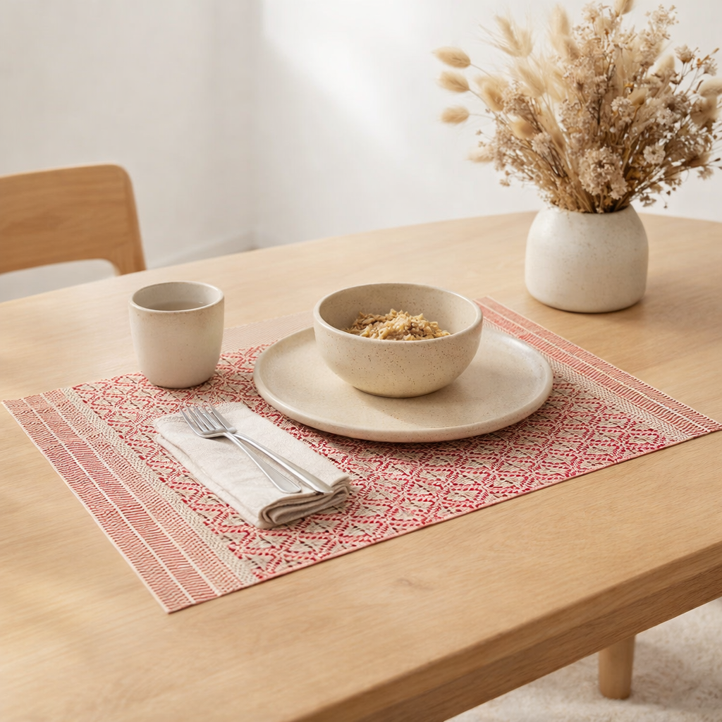 Set de table Kadra Naturel/rouge 33 x 45 en situation