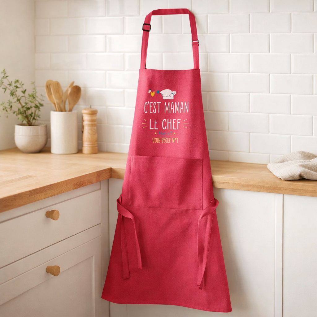 Tablier de cuisine Chef maman recyclé Rose 72 x 90 en situation