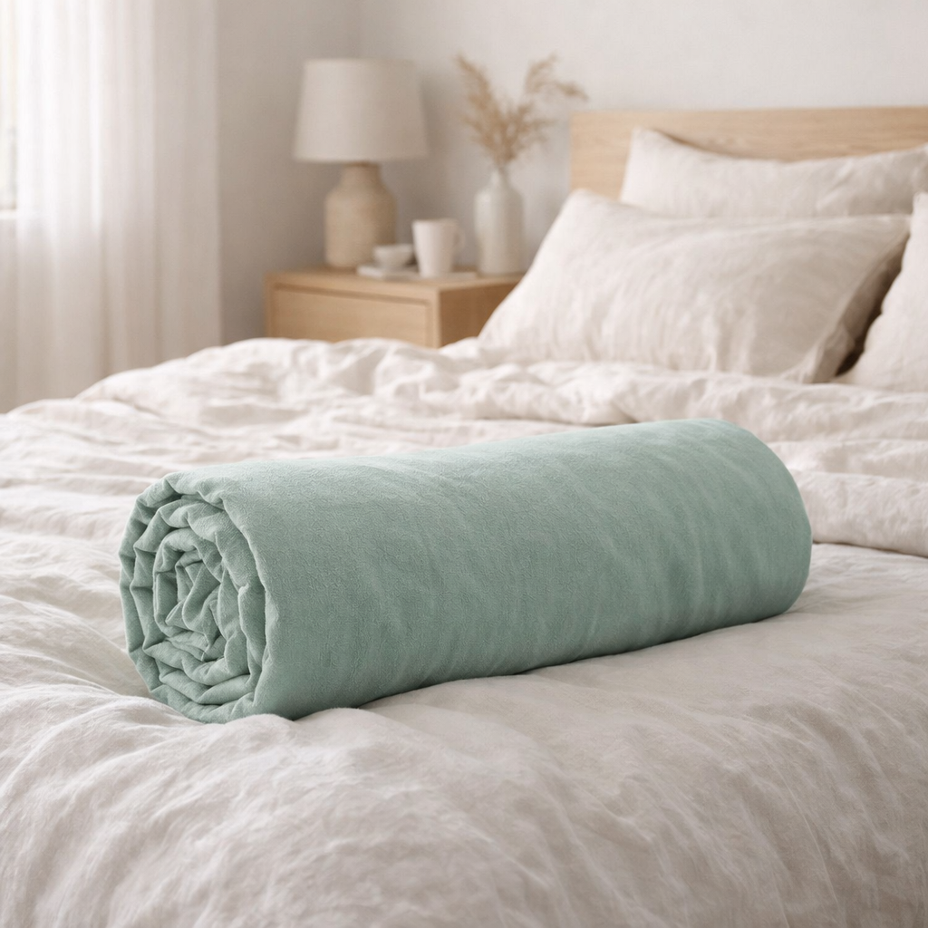 Drap housse Calita Sauge 140x190 bonnet 30 cm en situation