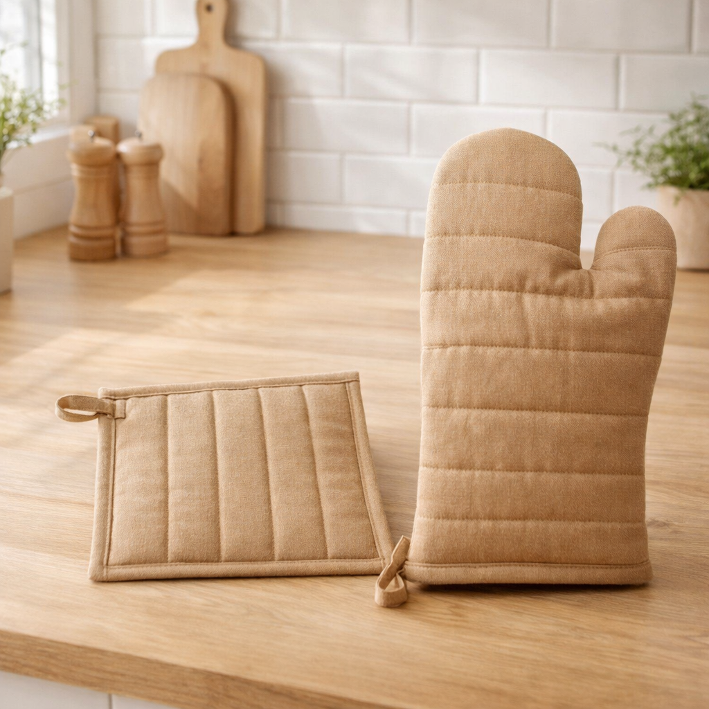 Lot Gant de cuisine/manique recyclé Jona Camel 15 x 30 en situation