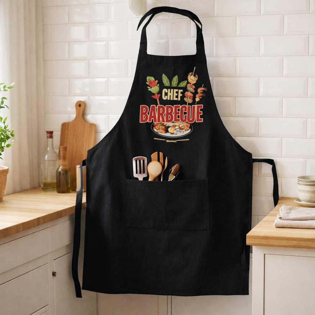 Tablier de cuisine Barbecue avec poche recyclé Noir 72 x 90 en situation
