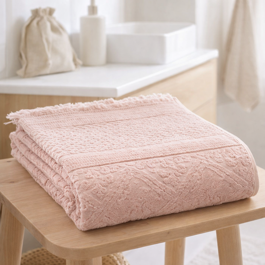 Serviette de toilette uni Zoé Aubepine 50 x 100 en situation