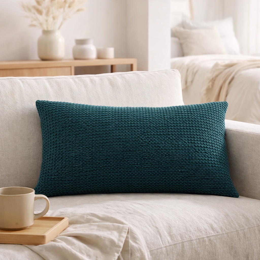Coussin stonewashed Maia Pétrole 30 x 50 en situation