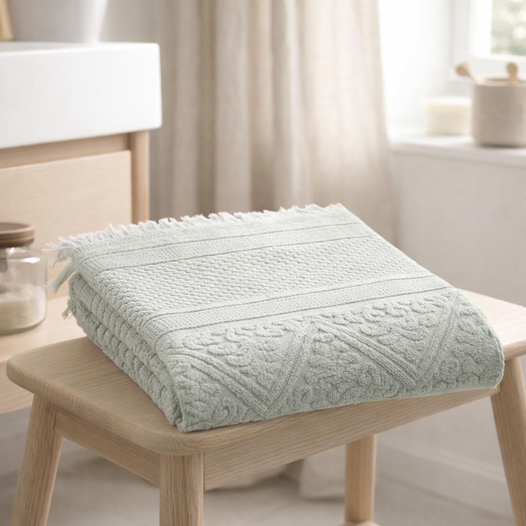 Serviette de toilette uni Zoé Jade 50 x 100 en situation