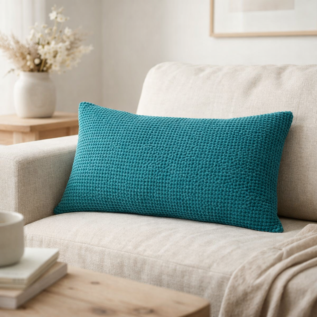 Coussin Maia Bleu Topaze 30 X 50 en situation