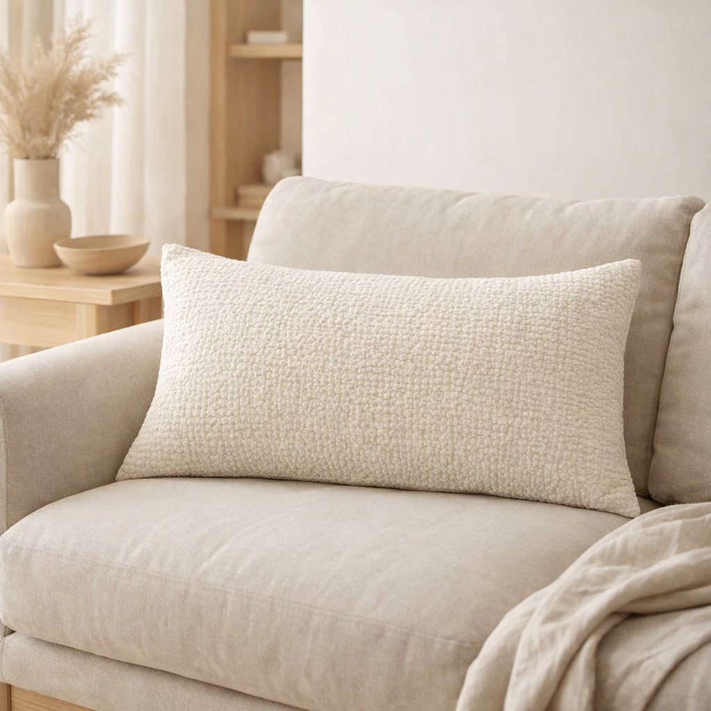 Coussin Stonewashed Tana Craie 40 X 65 en situation