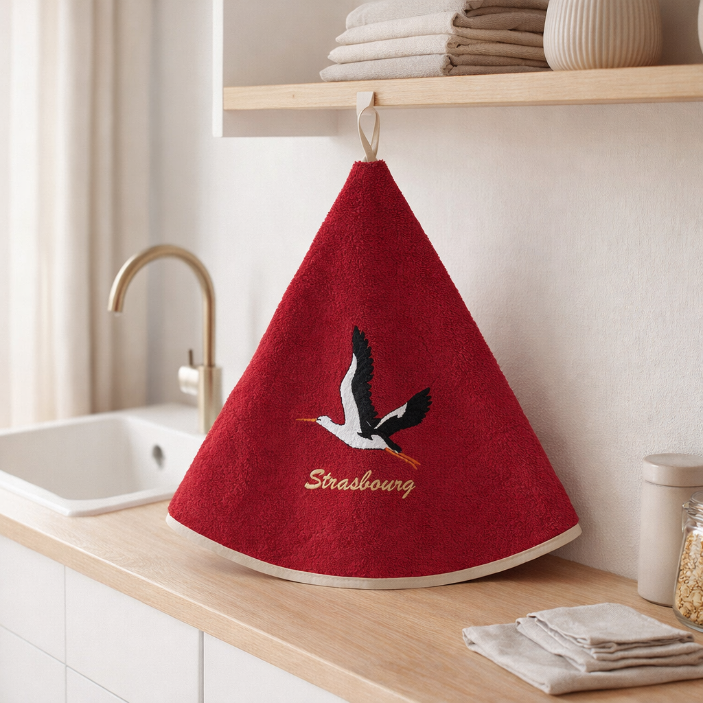Essuie-mains rond Cigogne Envol Strasbourg Rouge diamétre 60 cm en situation