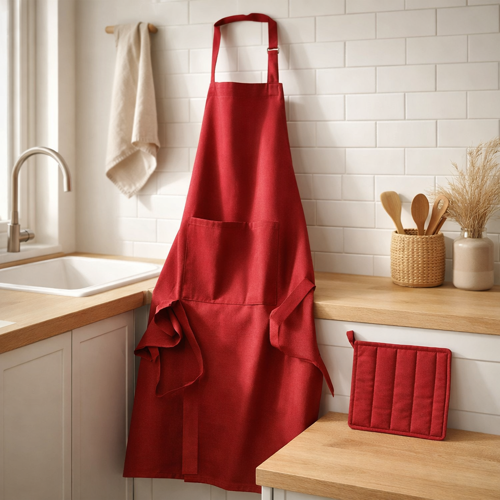 Lot Tablier de cuisine et manique Dona recyclé Rouge 85 x 72 en situation