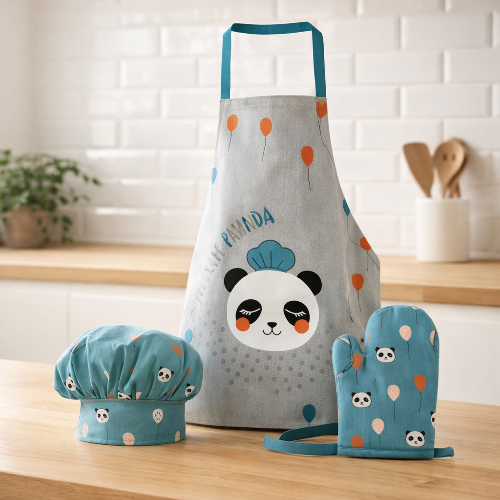 Lot Tablier Toque Gant de cuisine Panda Bleu clair/gris 52 x 63 en situation